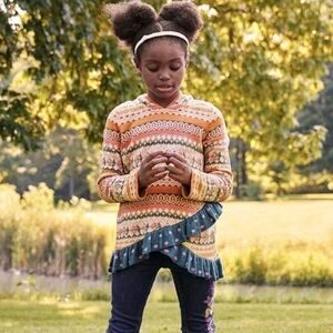 Matilda Jane Keep Me Cozy Fair Isle Ruffle Hooded Knit Cardigan Sweater Size 4